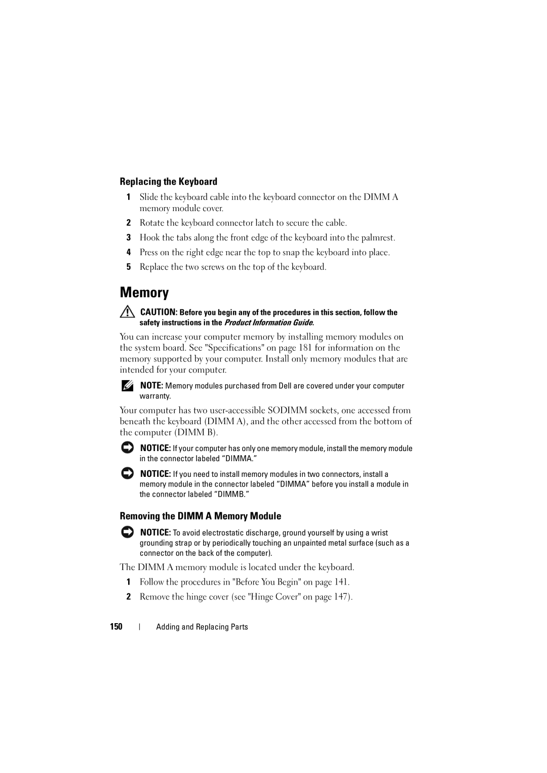 Dell RT722, PP22L owner manual Replacing the Keyboard, Removing the Dimm a Memory Module, 150 