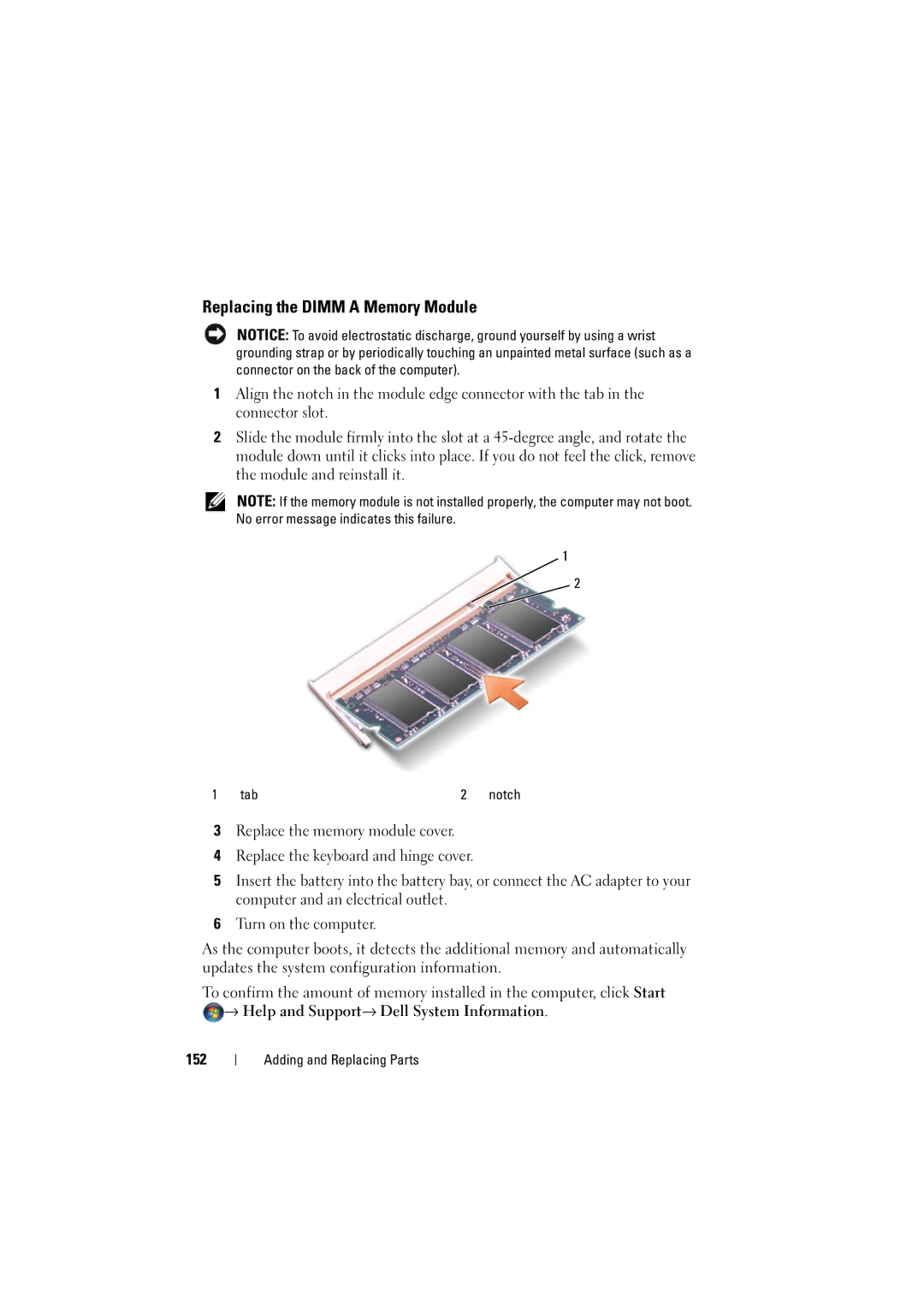 Dell RT722, PP22L owner manual Replacing the Dimm a Memory Module, 152 