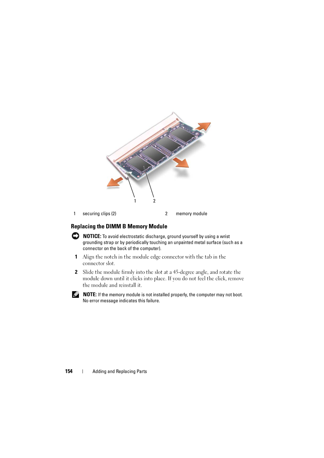 Dell RT722, PP22L owner manual Replacing the Dimm B Memory Module, 154 