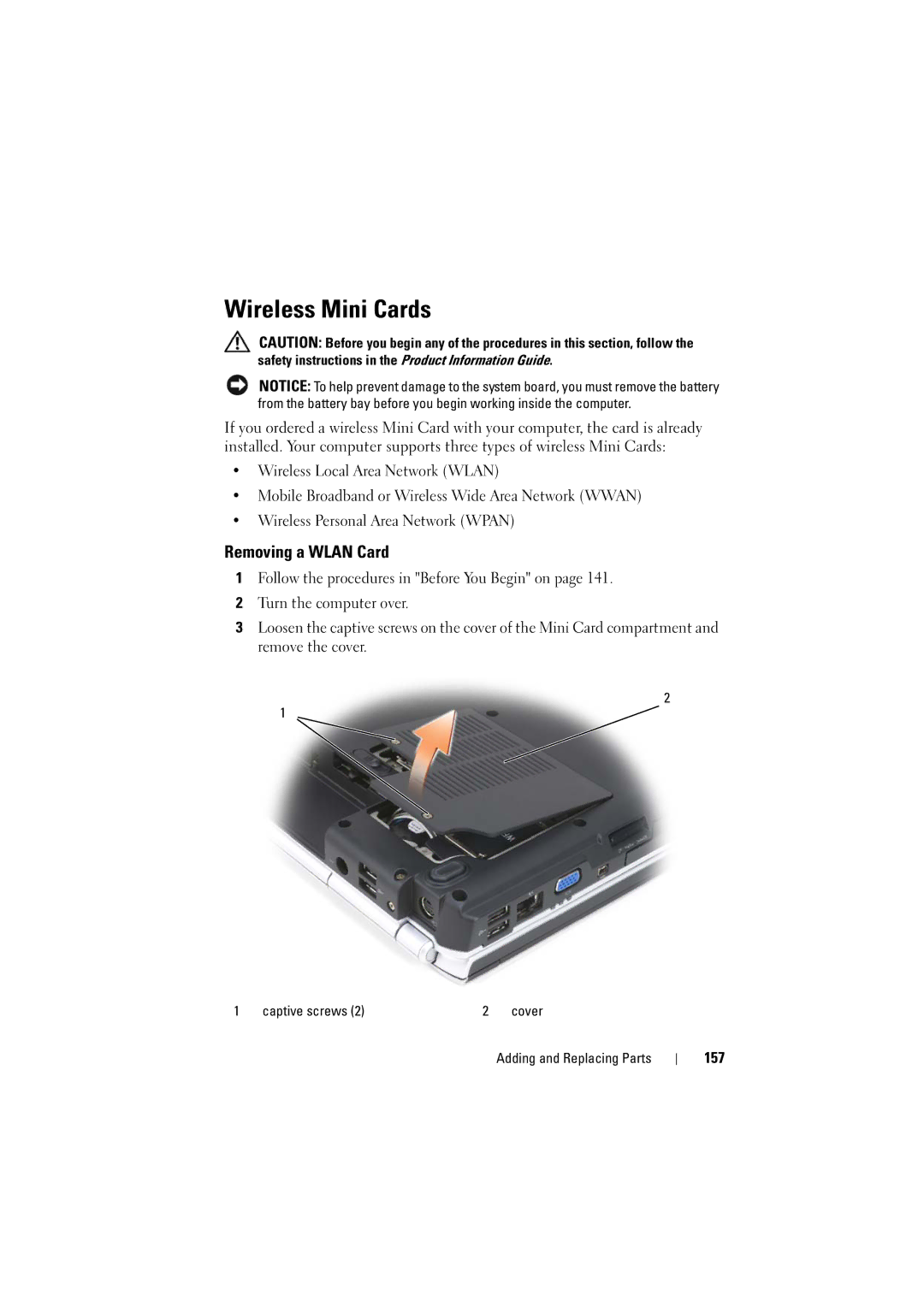 Dell PP22L, RT722 owner manual Wireless Mini Cards, Removing a Wlan Card, 157 