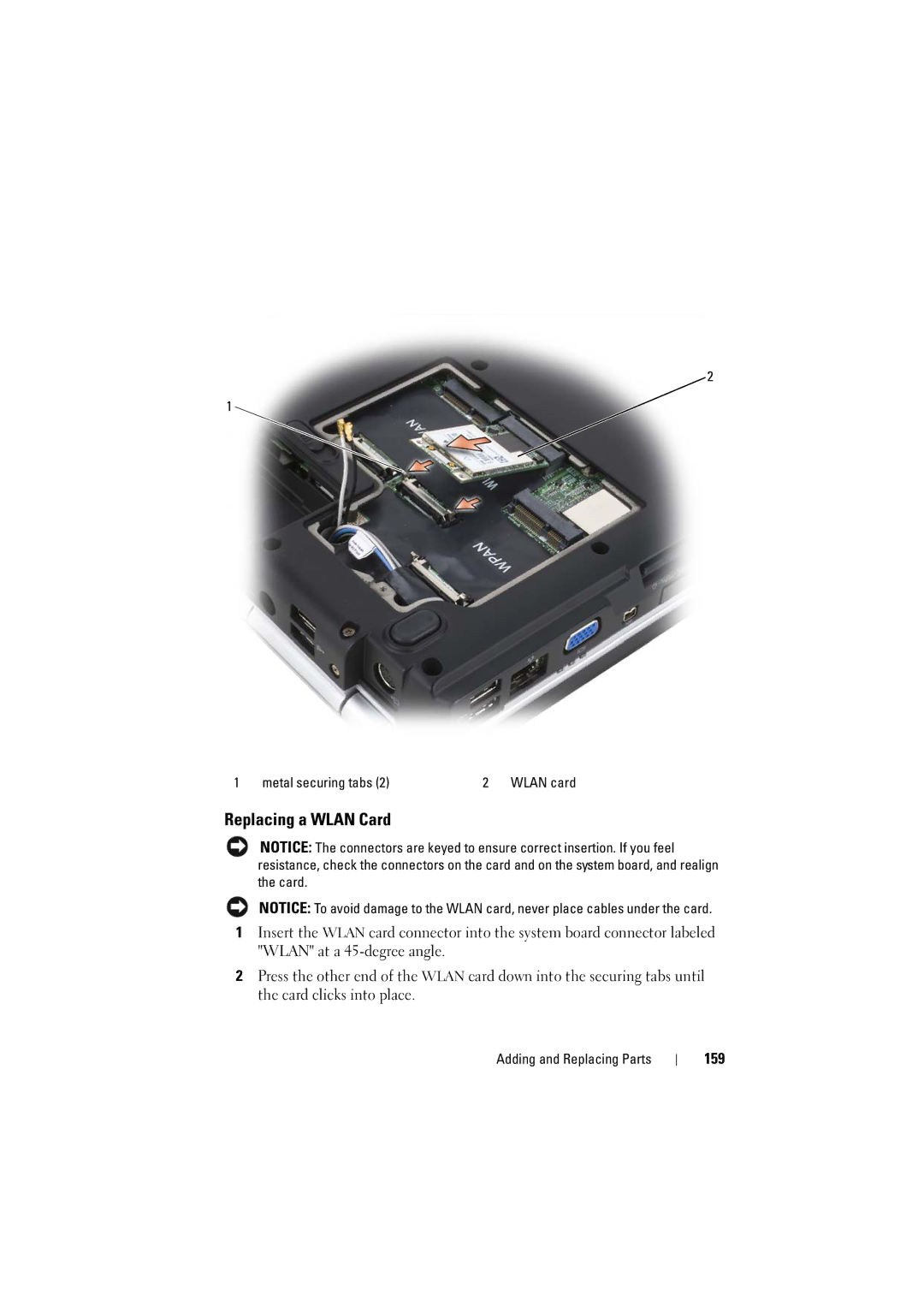 Dell PP22L, RT722 owner manual Replacing a Wlan Card, 159 