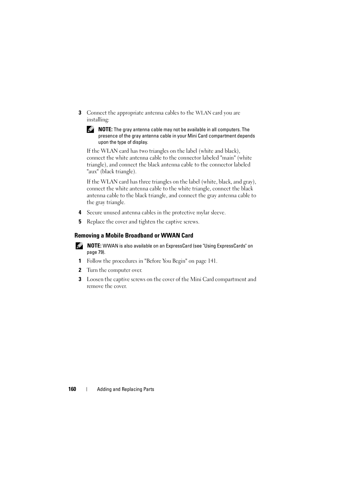 Dell RT722, PP22L owner manual Removing a Mobile Broadband or Wwan Card, 160 