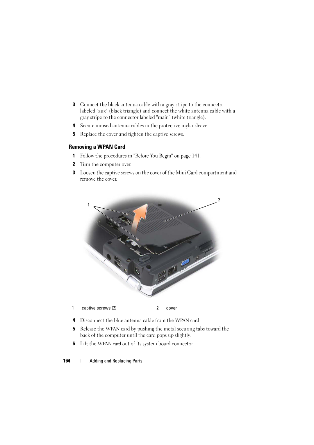 Dell RT722, PP22L owner manual Removing a Wpan Card, 164 