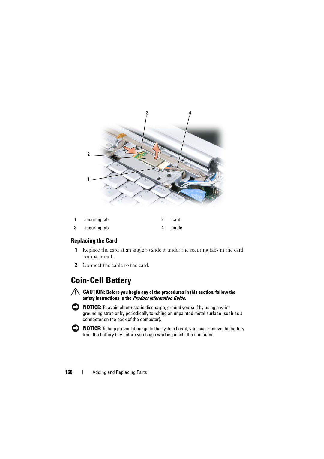 Dell RT722, PP22L owner manual Coin-Cell Battery, Replacing the Card, 166 