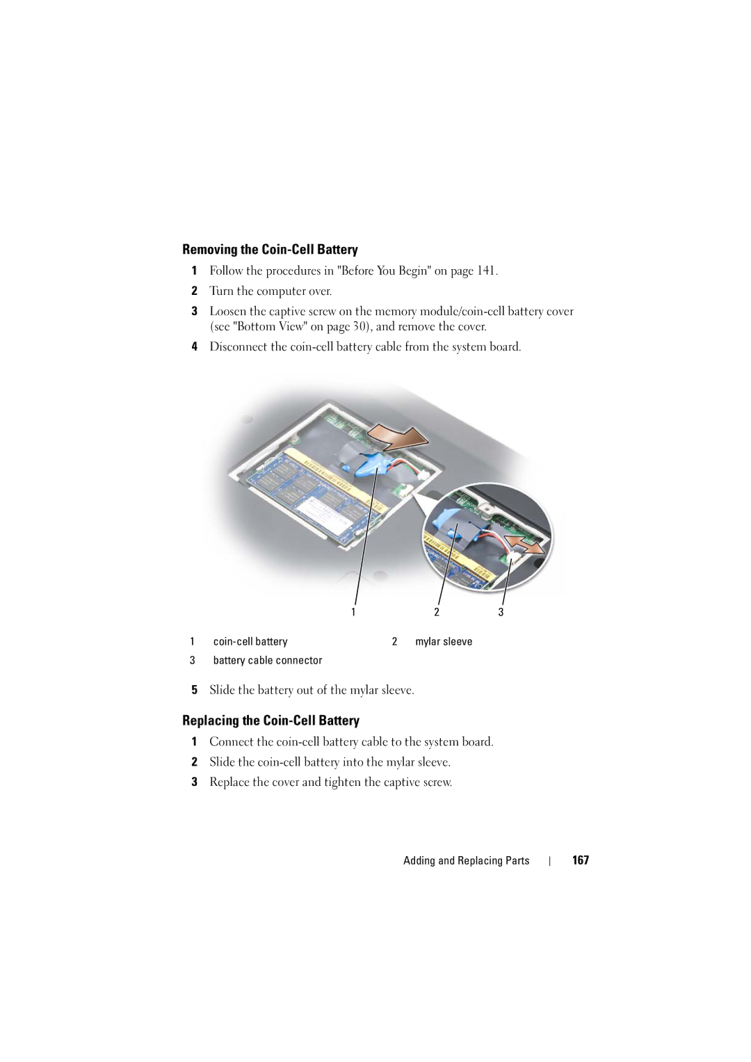 Dell PP22L, RT722 owner manual Removing the Coin-Cell Battery, Replacing the Coin-Cell Battery, 167 