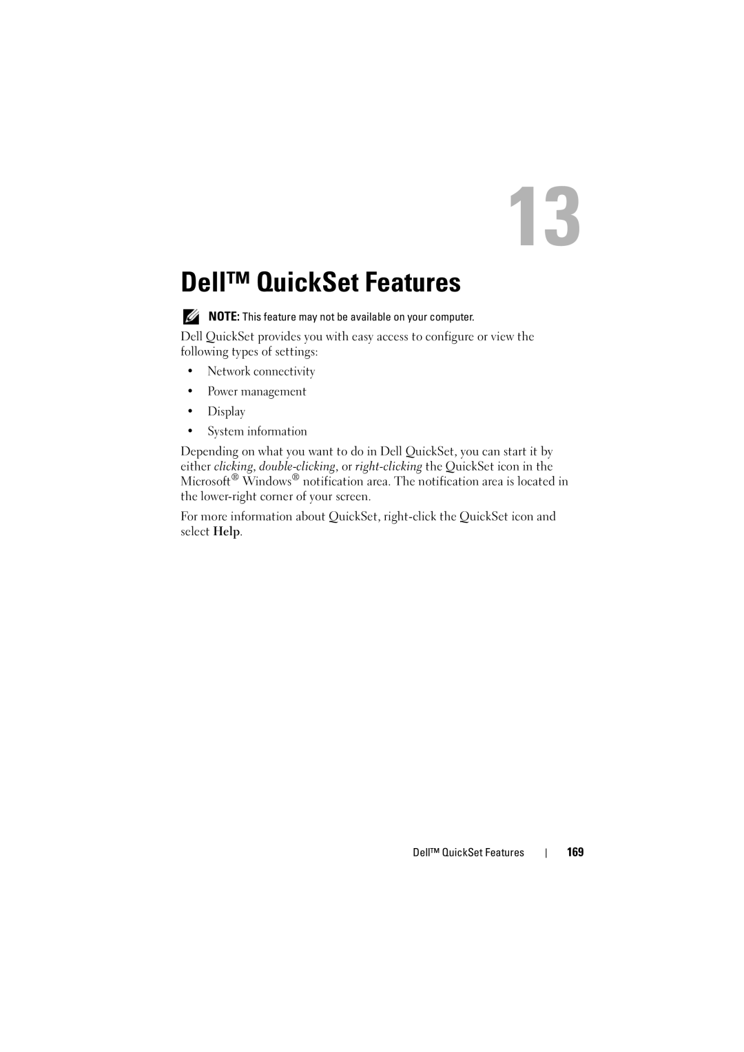 Dell PP22L, RT722 owner manual Dell QuickSet Features, 169 