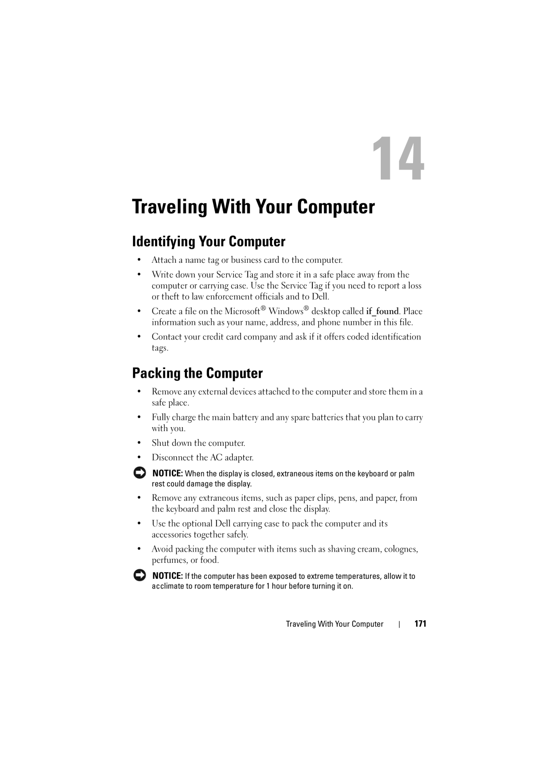 Dell PP22L, RT722 owner manual Traveling With Your Computer, Identifying Your Computer, Packing the Computer, 171 