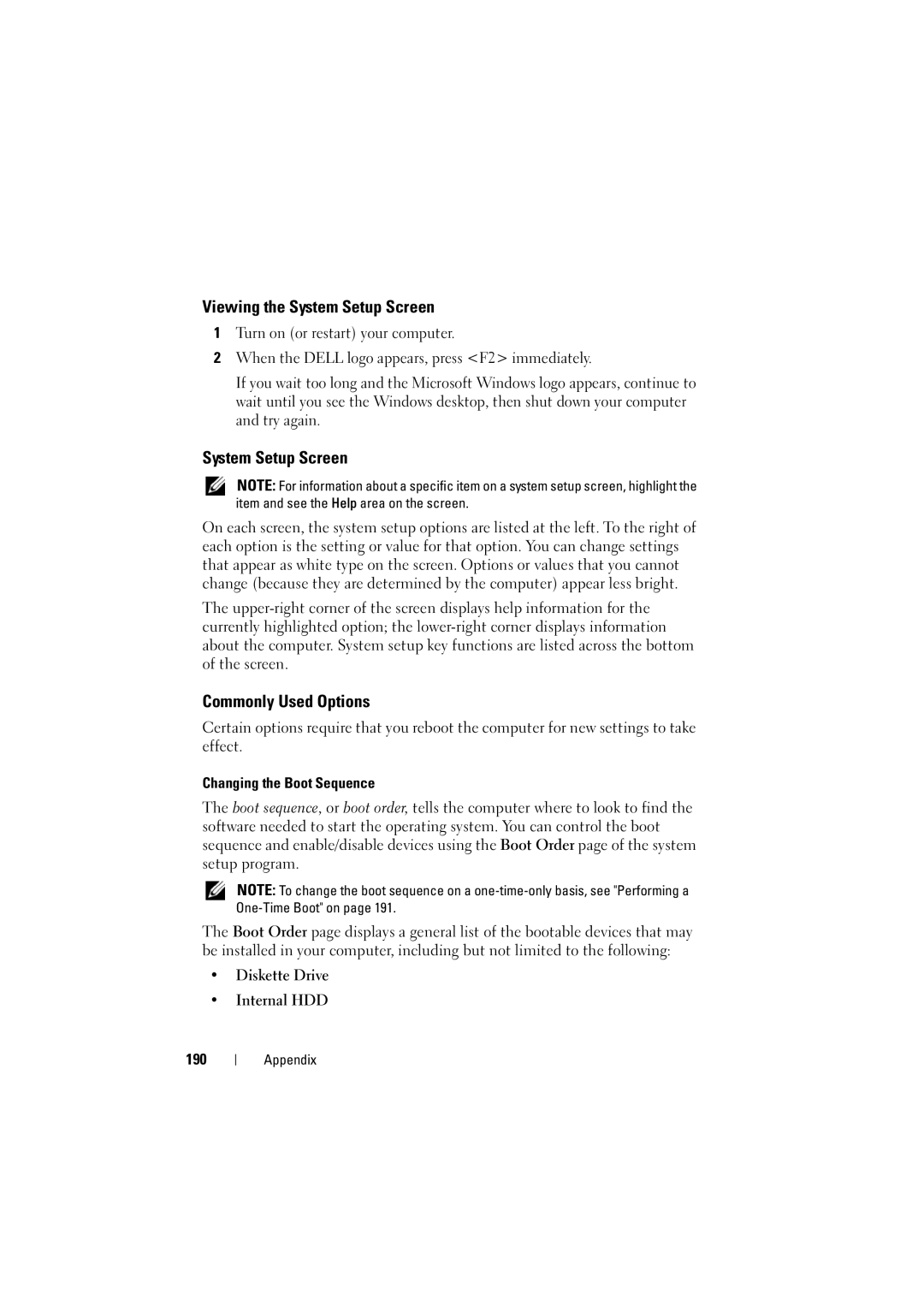 Dell RT722, PP22L owner manual Viewing the System Setup Screen, Commonly Used Options, Diskette Drive Internal HDD 190 