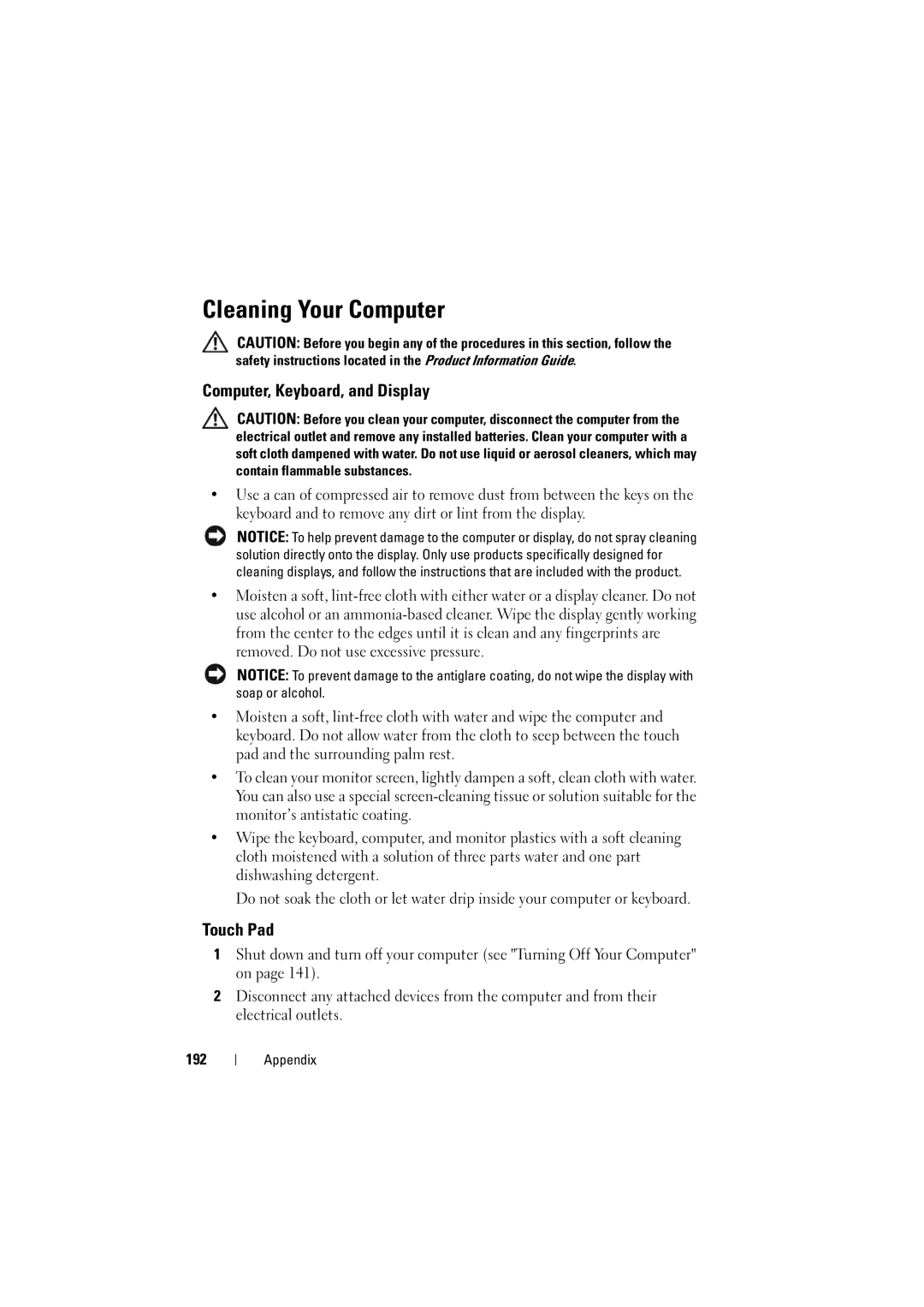 Dell RT722, PP22L owner manual Cleaning Your Computer, Computer, Keyboard, and Display, Touch Pad, 192 