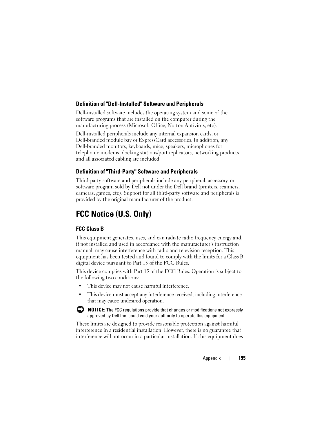 Dell PP22L, RT722 owner manual FCC Notice U.S. Only, Definition of Dell-Installed Software and Peripherals, FCC Class B, 195 