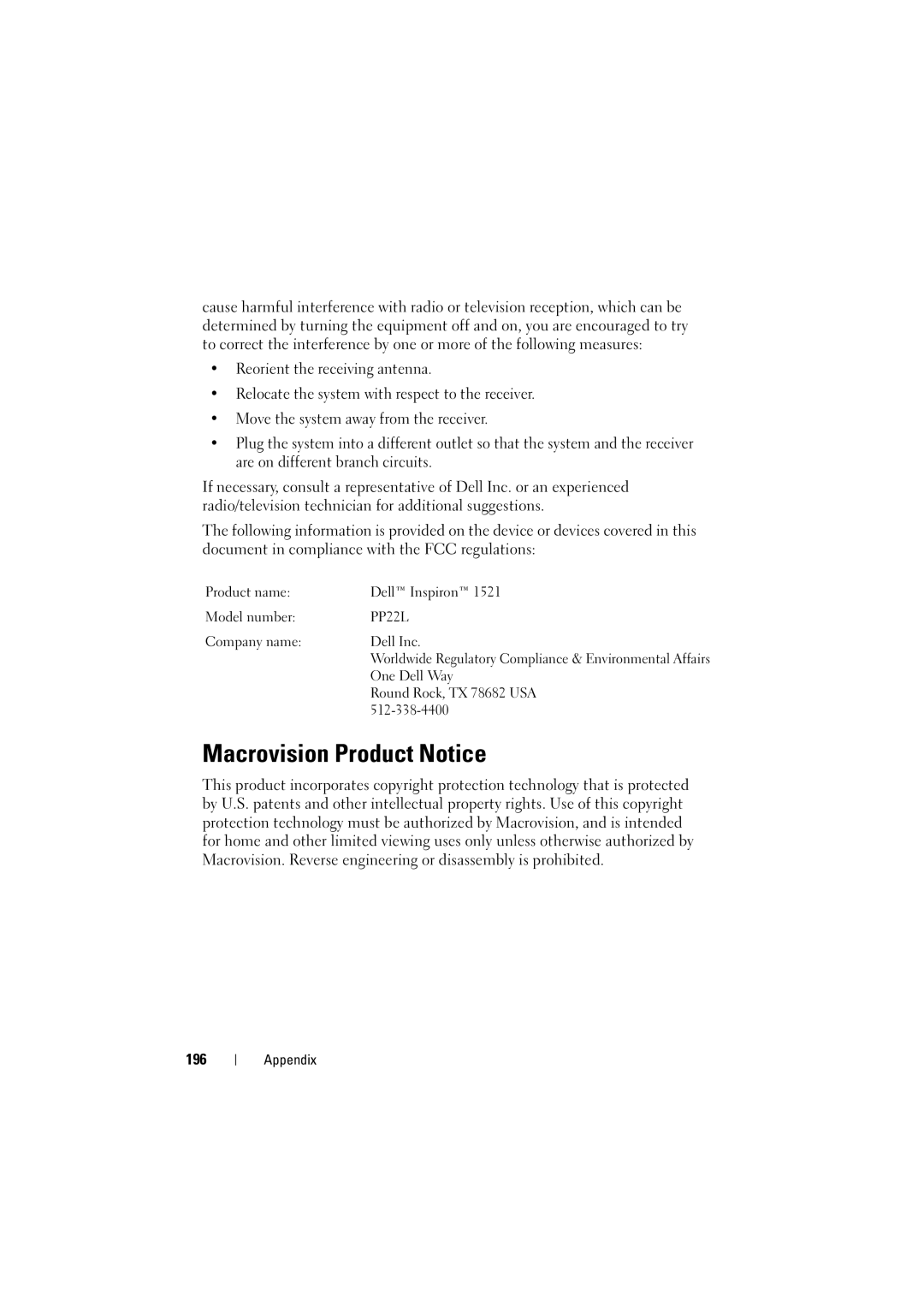 Dell RT722, PP22L owner manual Macrovision Product Notice, 196 