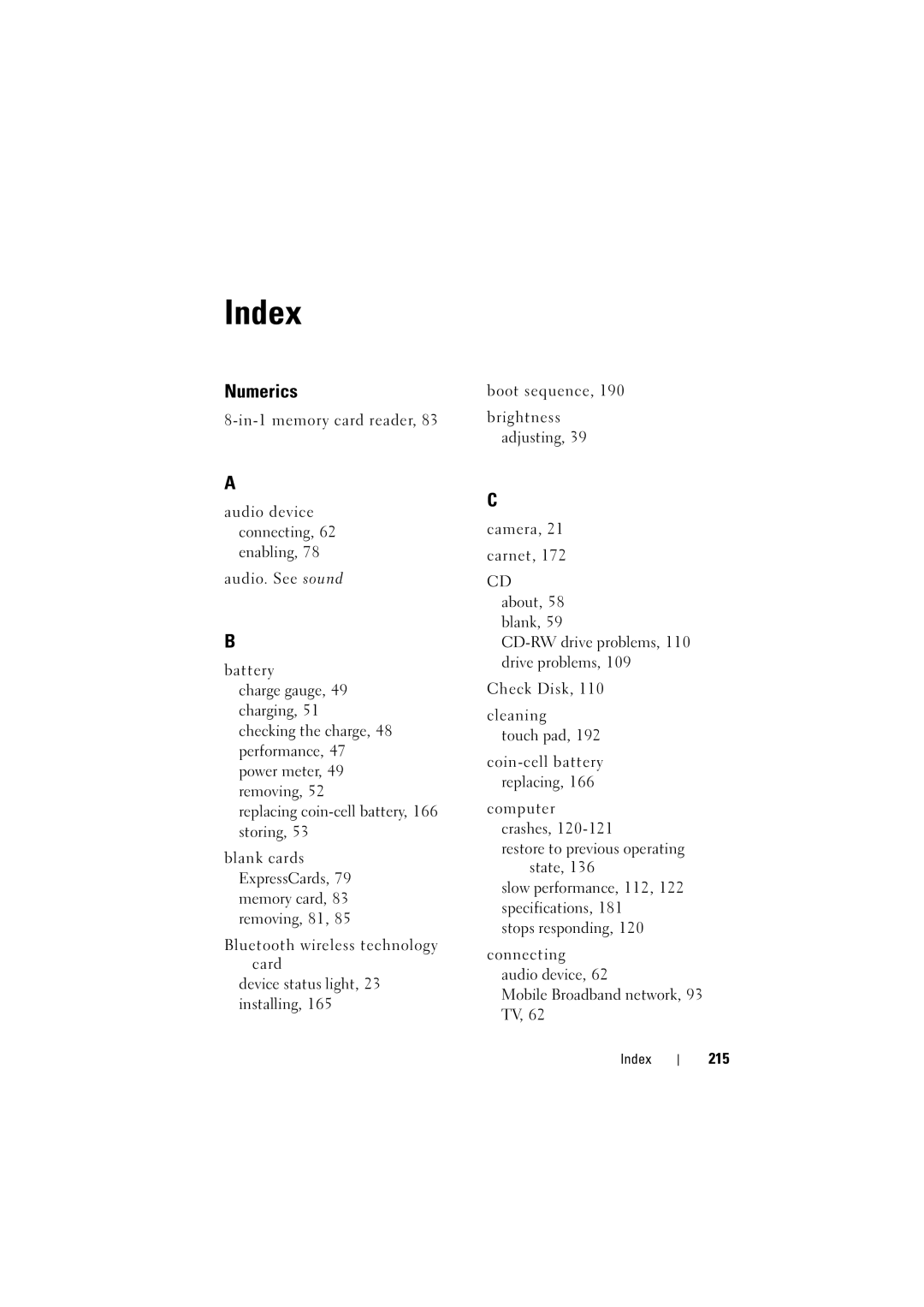 Dell PP22L, RT722 owner manual Index, 215 