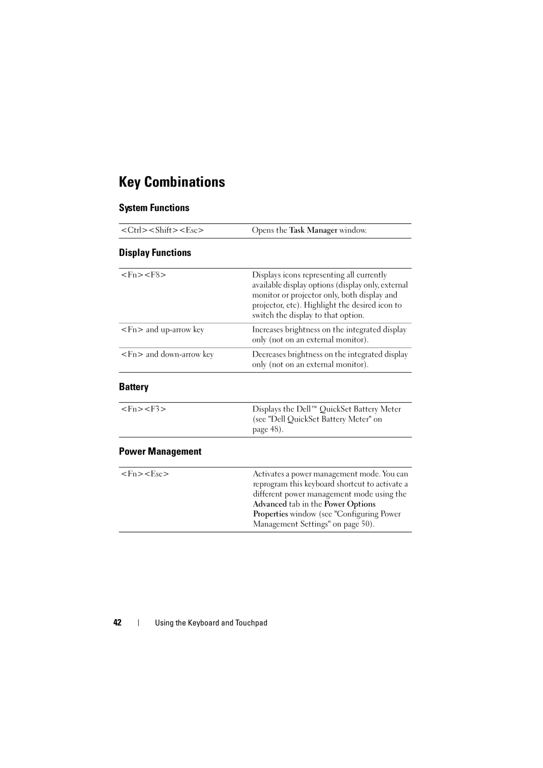 Dell RT722, PP22L owner manual Key Combinations, System Functions, Display Functions, Battery, Power Management 