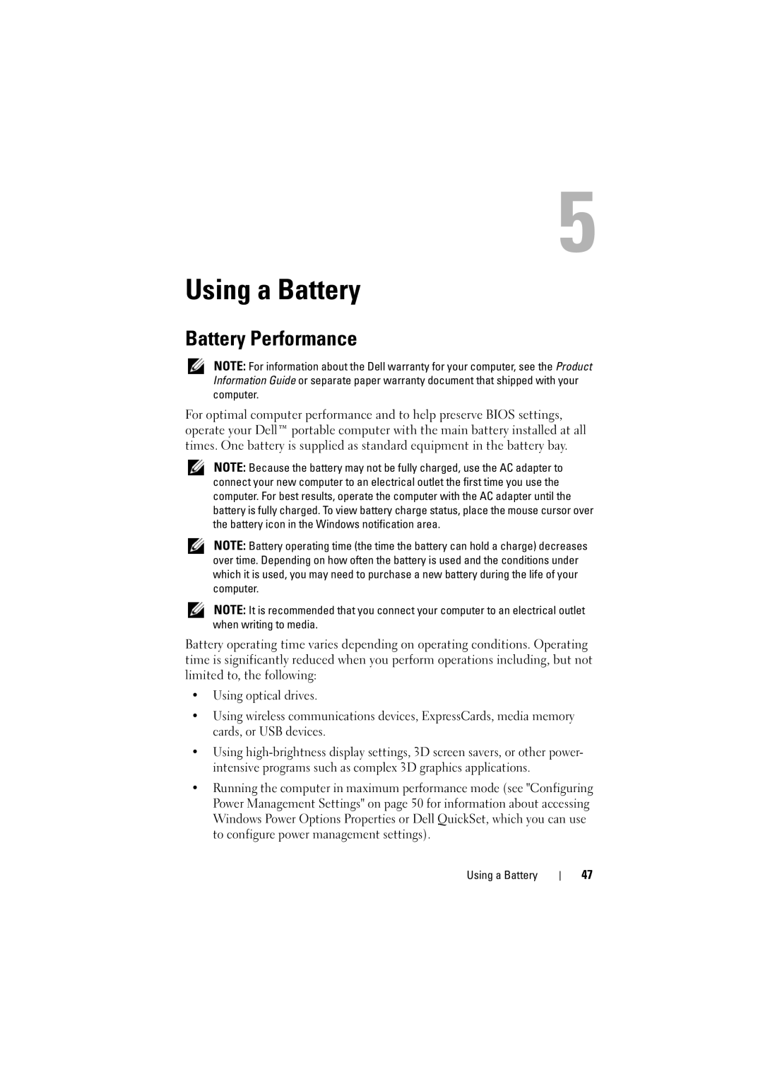 Dell PP22L, RT722 owner manual Using a Battery, Battery Performance 