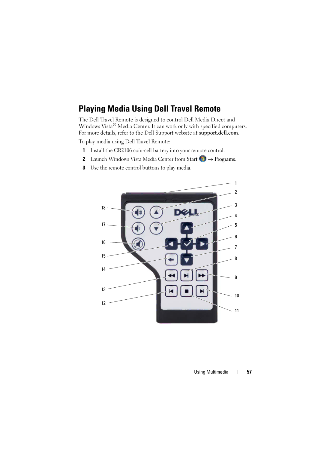 Dell PP22L, RT722 owner manual Playing Media Using Dell Travel Remote, To play media using Dell Travel Remote 