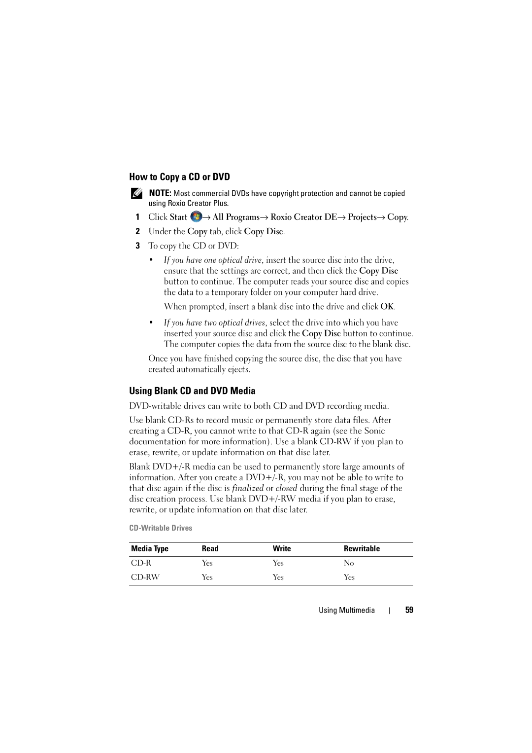 Dell PP22L, RT722 owner manual How to Copy a CD or DVD, Using Blank CD and DVD Media 