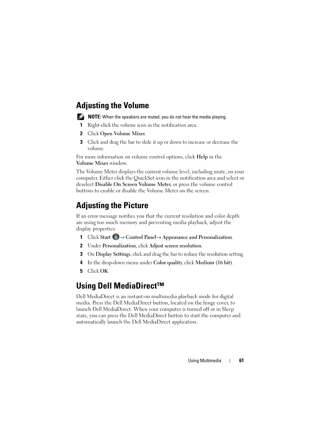 Dell PP22L, RT722 owner manual Adjusting the Volume, Adjusting the Picture, Using Dell MediaDirect, Click Open Volume Mixer 