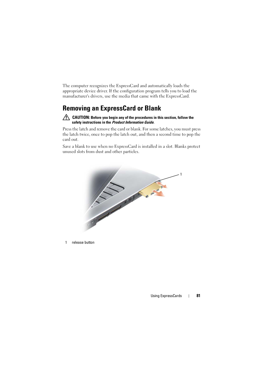 Dell PP22L, RT722 owner manual Removing an ExpressCard or Blank 