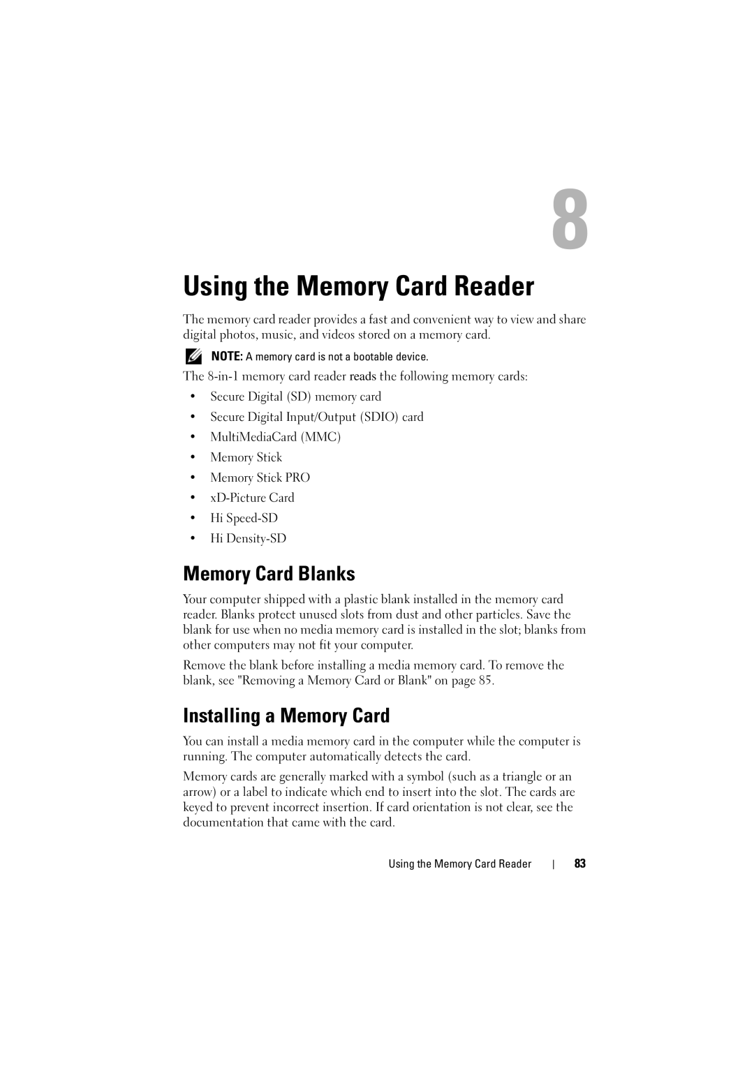 Dell PP22L, RT722 owner manual Using the Memory Card Reader, Memory Card Blanks, Installing a Memory Card 