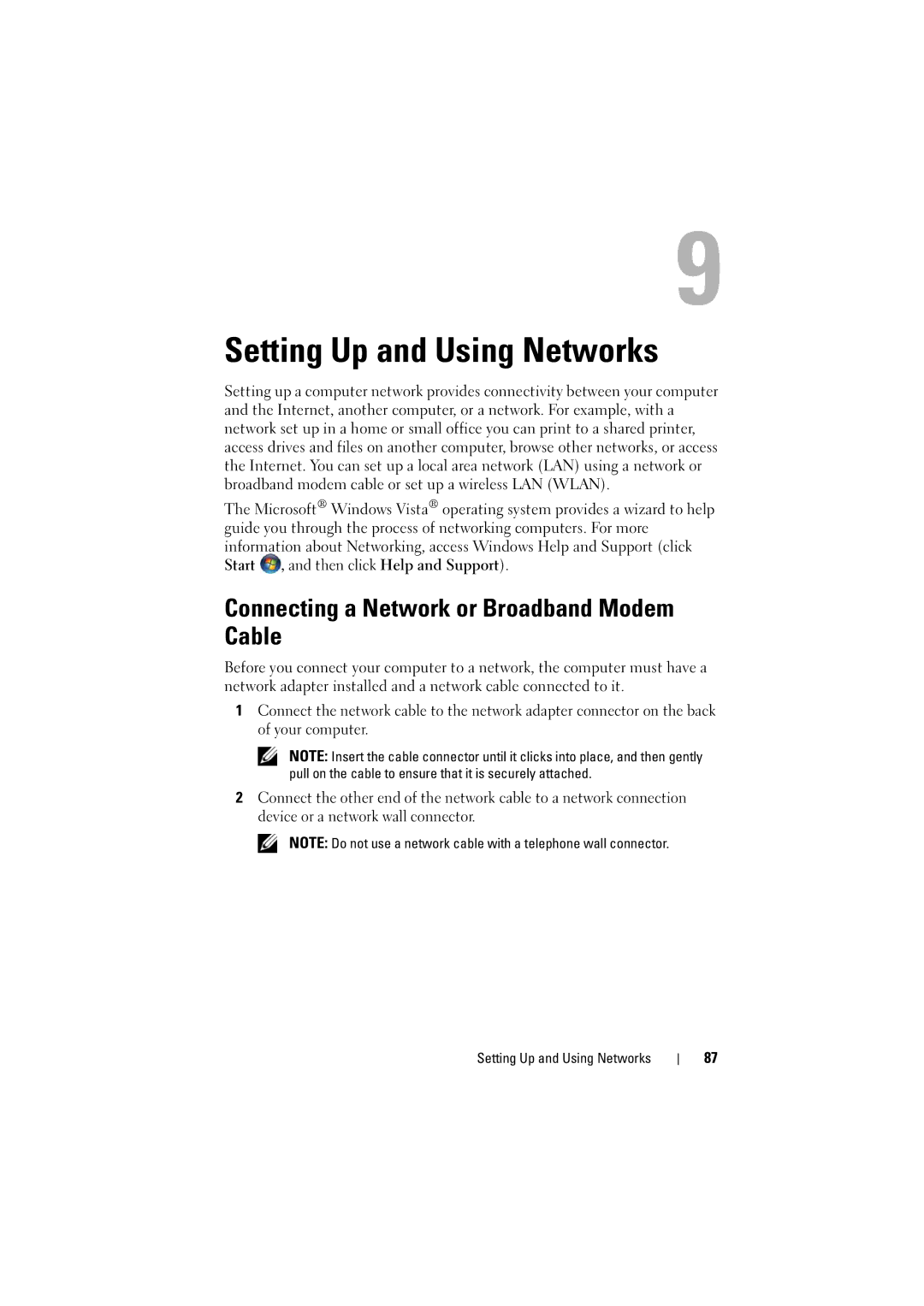 Dell PP22L, RT722 owner manual Setting Up and Using Networks, Connecting a Network or Broadband Modem Cable 