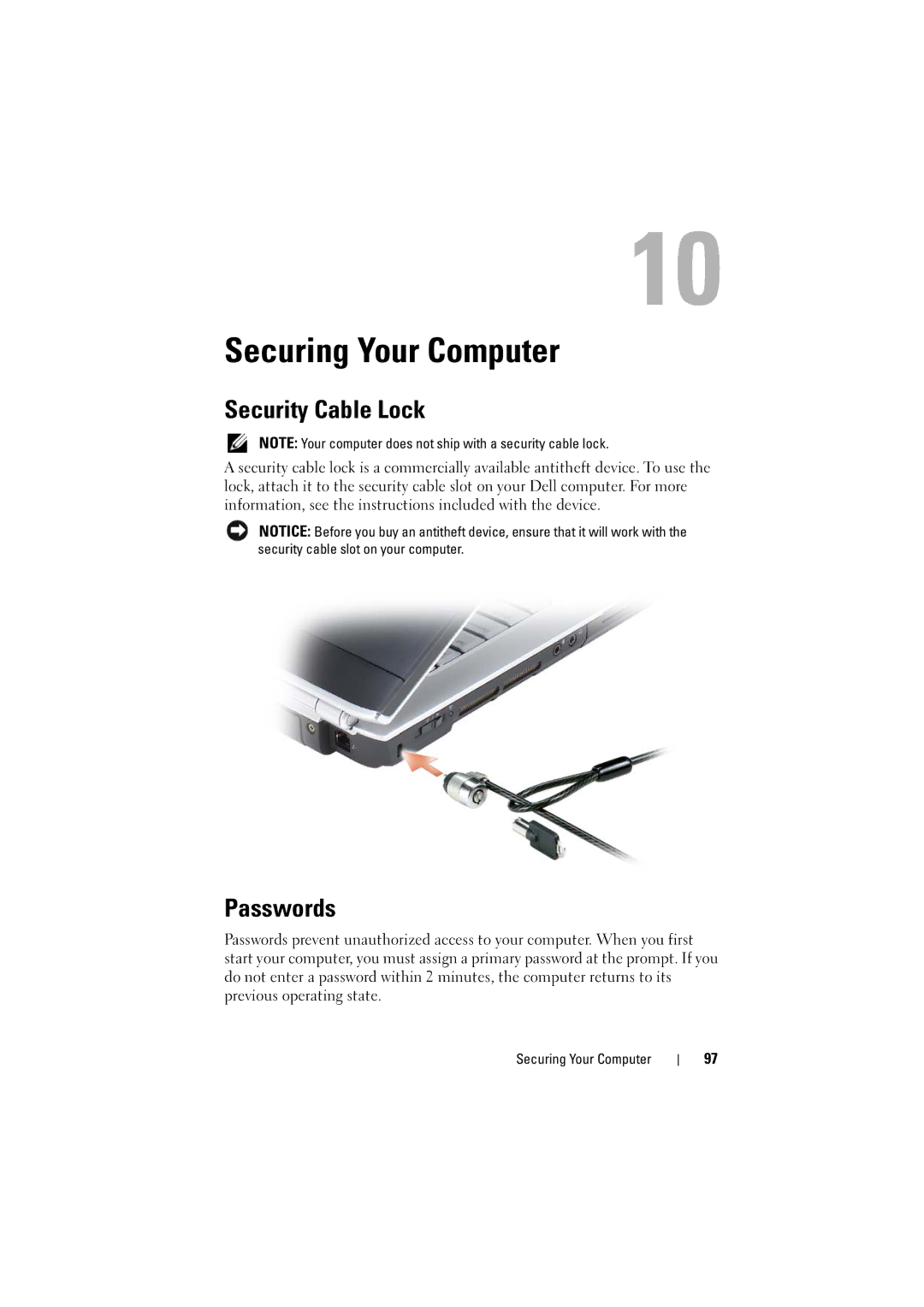 Dell PP22L, RT722 owner manual Securing Your Computer, Security Cable Lock, Passwords 