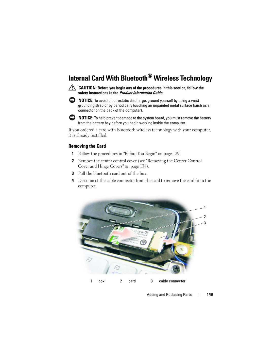 Dell PP28L, RU335 owner manual Internal Card With Bluetooth Wireless Technology, Removing the Card, 149 