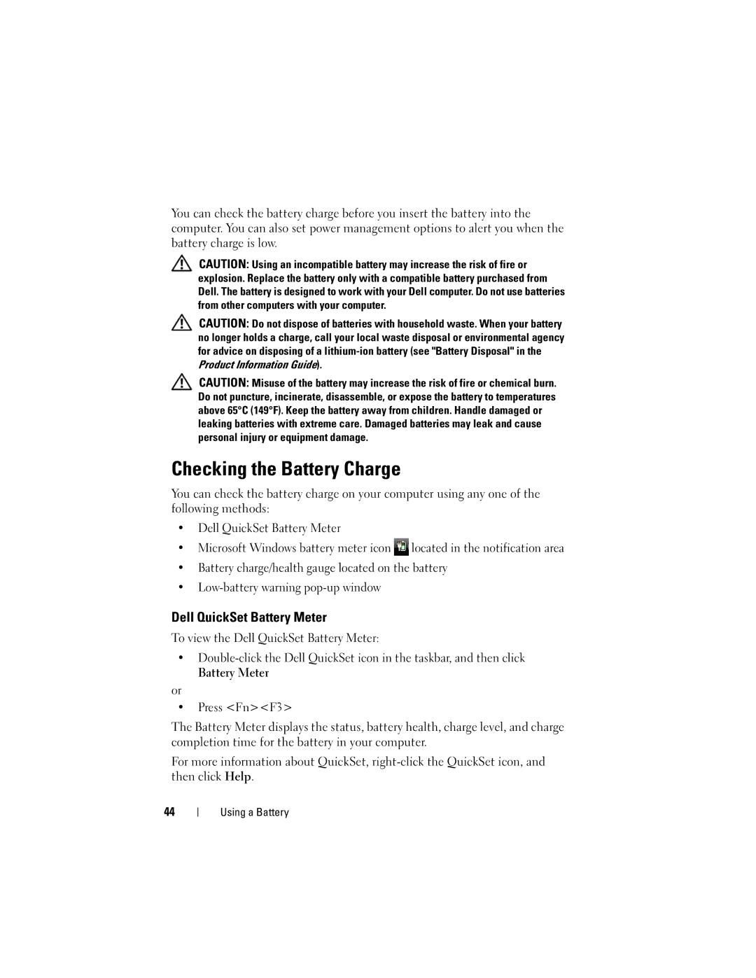 Dell RU335, PP28L owner manual Checking the Battery Charge, Dell QuickSet Battery Meter 