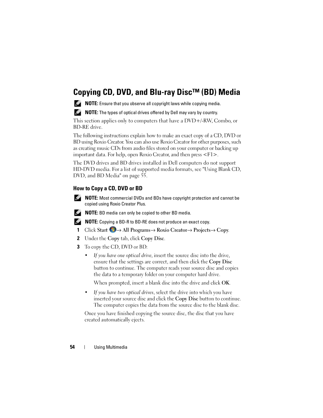 Dell RU335, PP28L owner manual Copying CD, DVD, and Blu-ray Disc BD Media, How to Copy a CD, DVD or BD 