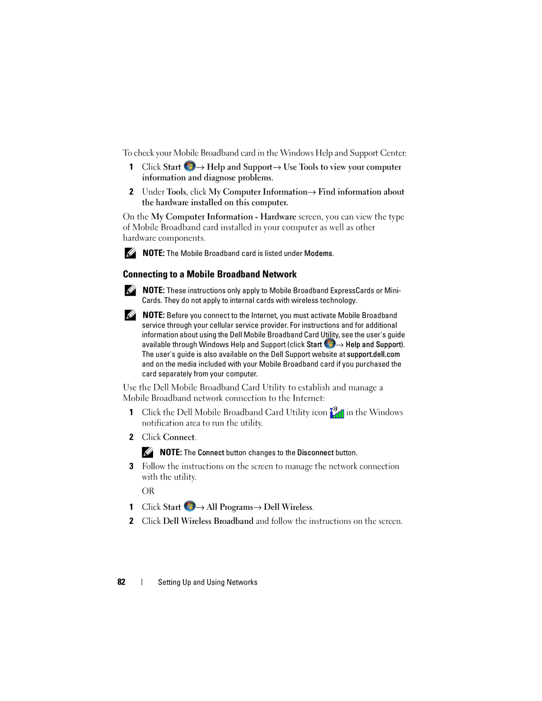 Dell RU335, PP28L owner manual Connecting to a Mobile Broadband Network 