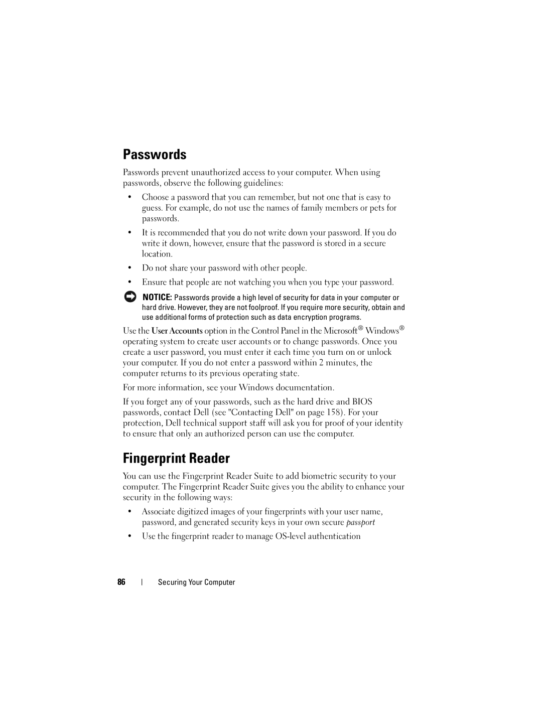 Dell RU335, PP28L owner manual Passwords, Fingerprint Reader 