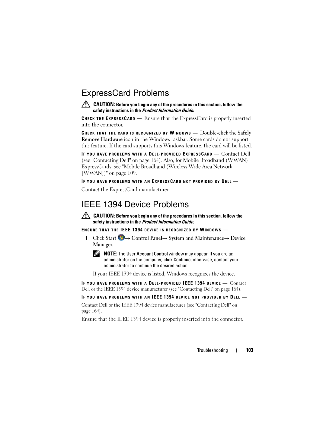 Dell RW491 owner manual ExpressCard Problems, Ieee 1394 Device Problems, Contact the ExpressCard manufacturer, 103 