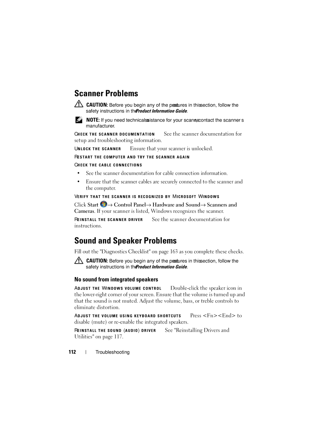 Dell RW491 owner manual Scanner Problems, Sound and Speaker Problems, No sound from integrated speakers, Utilities on 112 