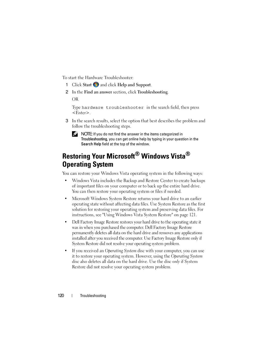 Dell RW491 owner manual Restoring Your Microsoft Windows Vista Operating System, 120 
