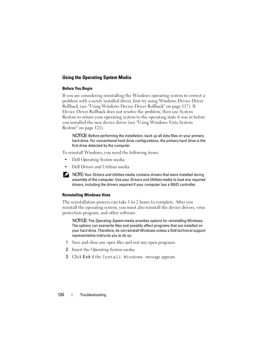 Dell RW491 owner manual Using the Operating System Media 