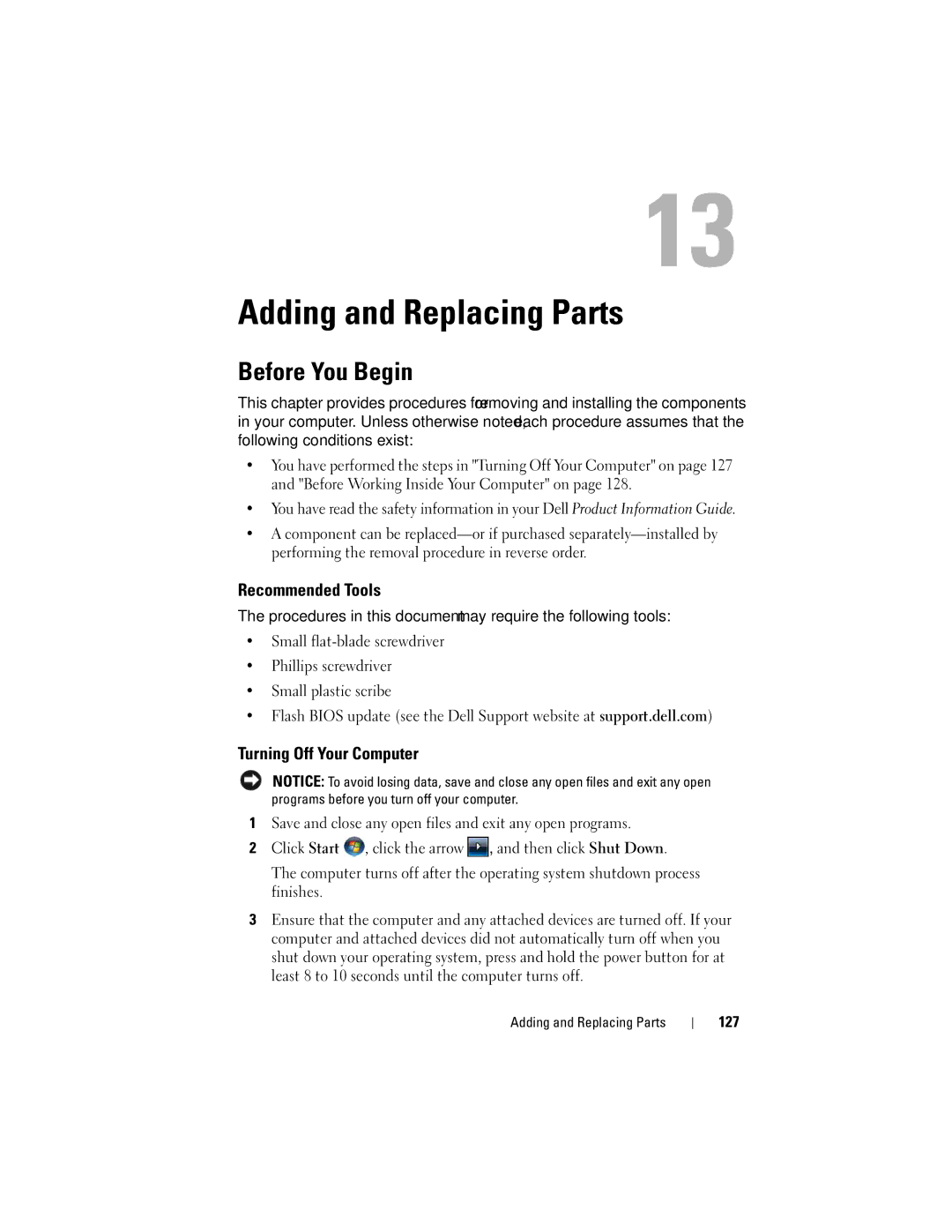 Dell RW491 owner manual Adding and Replacing Parts, Before You Begin, Recommended Tools, Turning Off Your Computer 