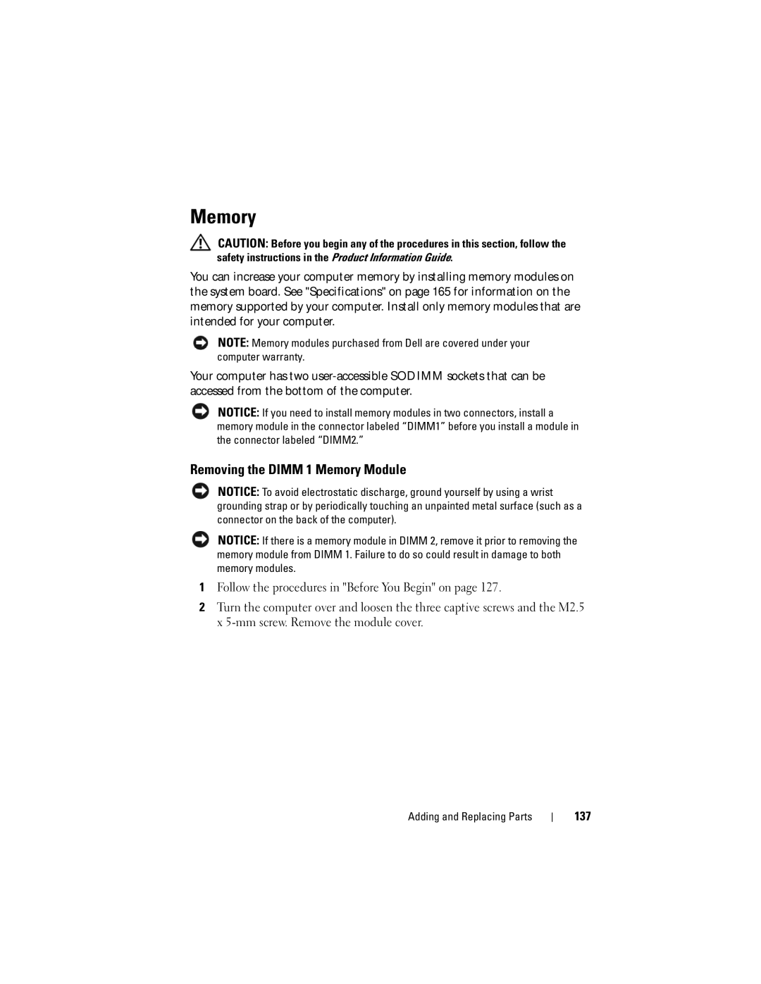 Dell RW491 owner manual Removing the Dimm 1 Memory Module, 137 