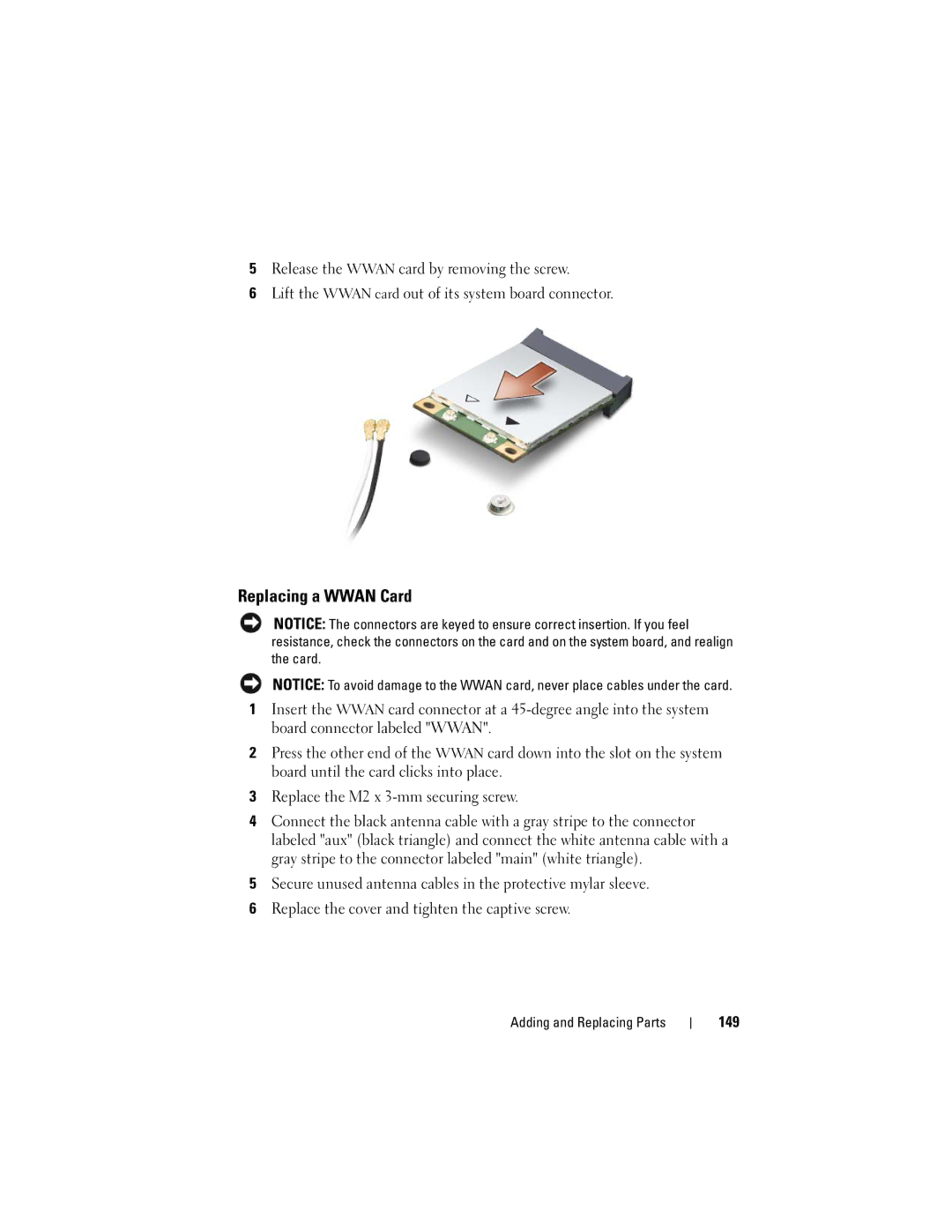 Dell RW491 owner manual Replacing a Wwan Card, 149 