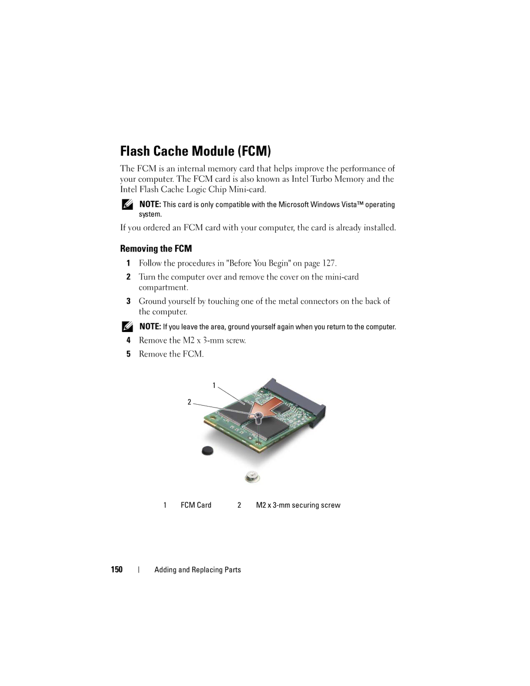 Dell RW491 owner manual Flash Cache Module FCM, Removing the FCM, 150 