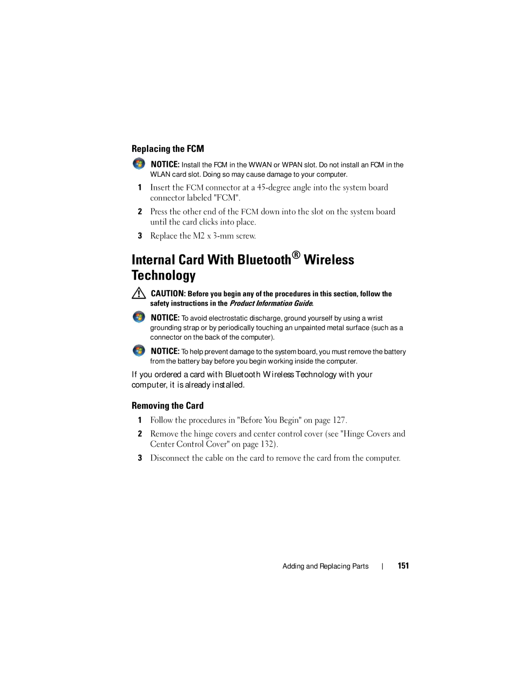 Dell RW491 owner manual Internal Card With Bluetooth Wireless Technology, Replacing the FCM, Removing the Card, 151 