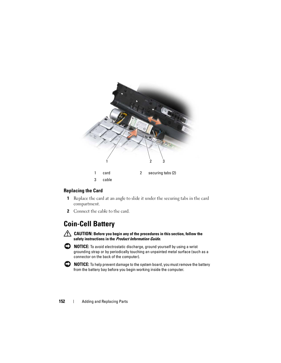 Dell RW491 owner manual Coin-Cell Battery, Replacing the Card, 152 