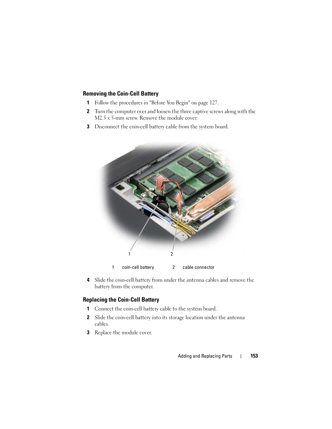 Dell RW491 owner manual Removing the Coin-Cell Battery, Replacing the Coin-Cell Battery, 153 