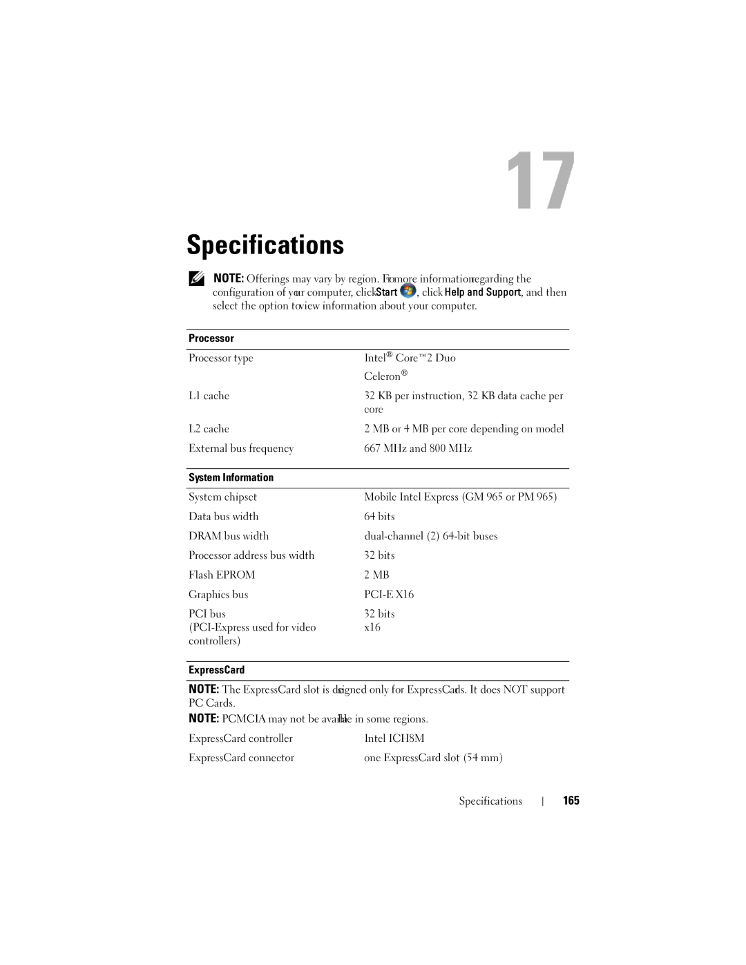 Dell RW491 owner manual Specifications, 165 