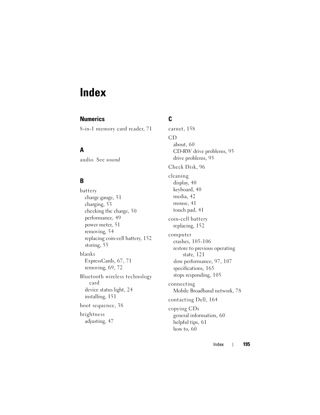 Dell RW491 owner manual Index, 195 