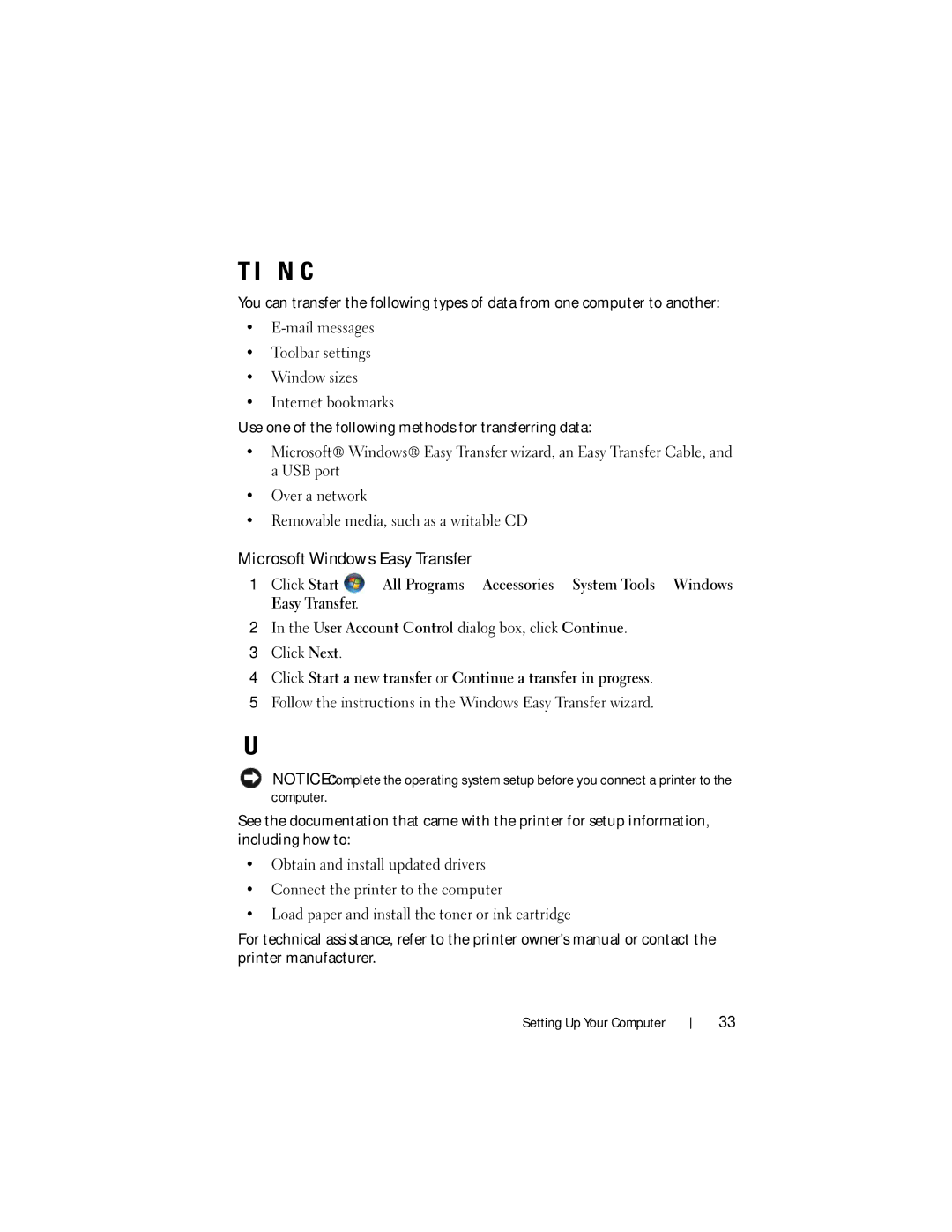 Dell RW491 owner manual Transferring Information to a New Computer, Setting Up a Printer, Microsoft Windows Easy Transfer 