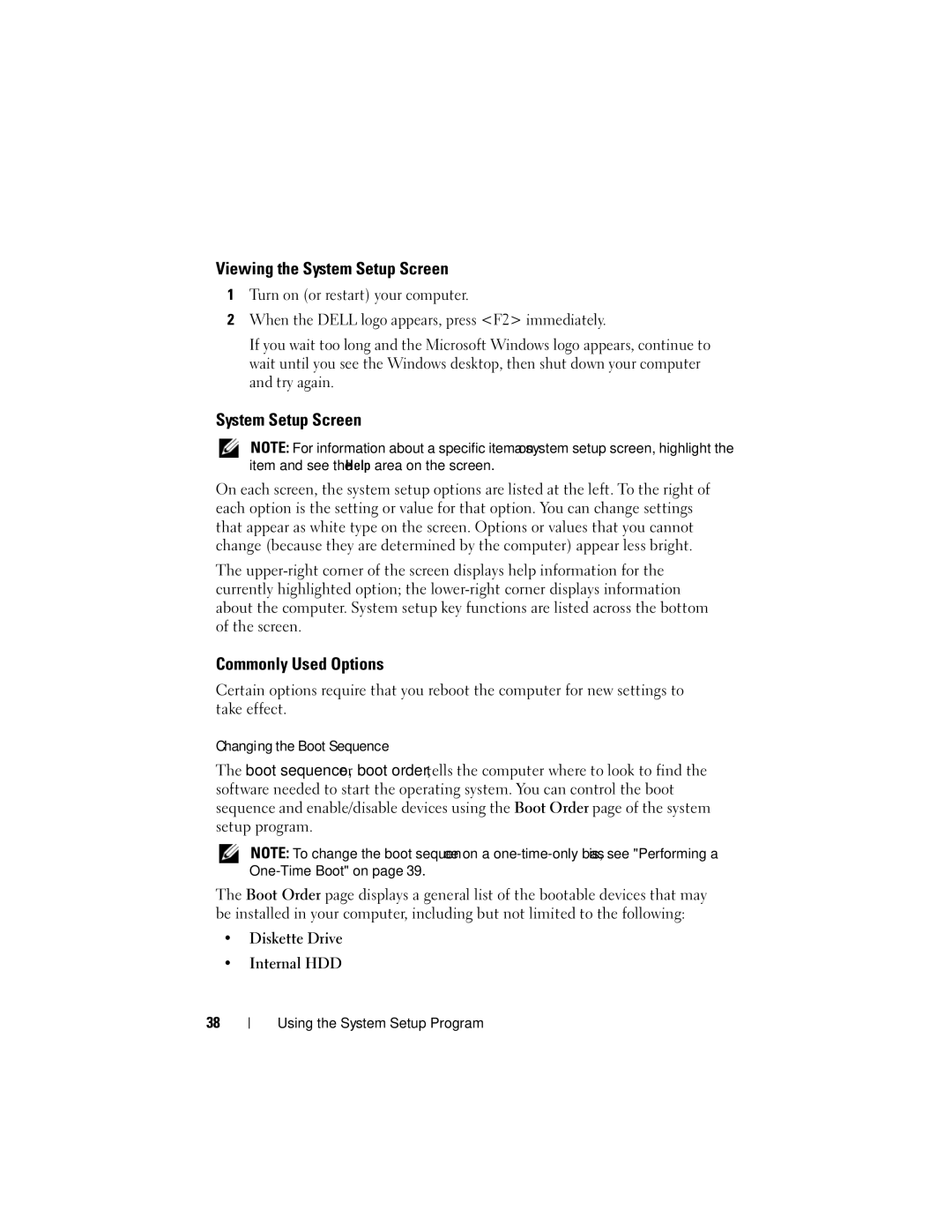 Dell RW491 owner manual Viewing the System Setup Screen, Commonly Used Options, Diskette Drive Internal HDD 