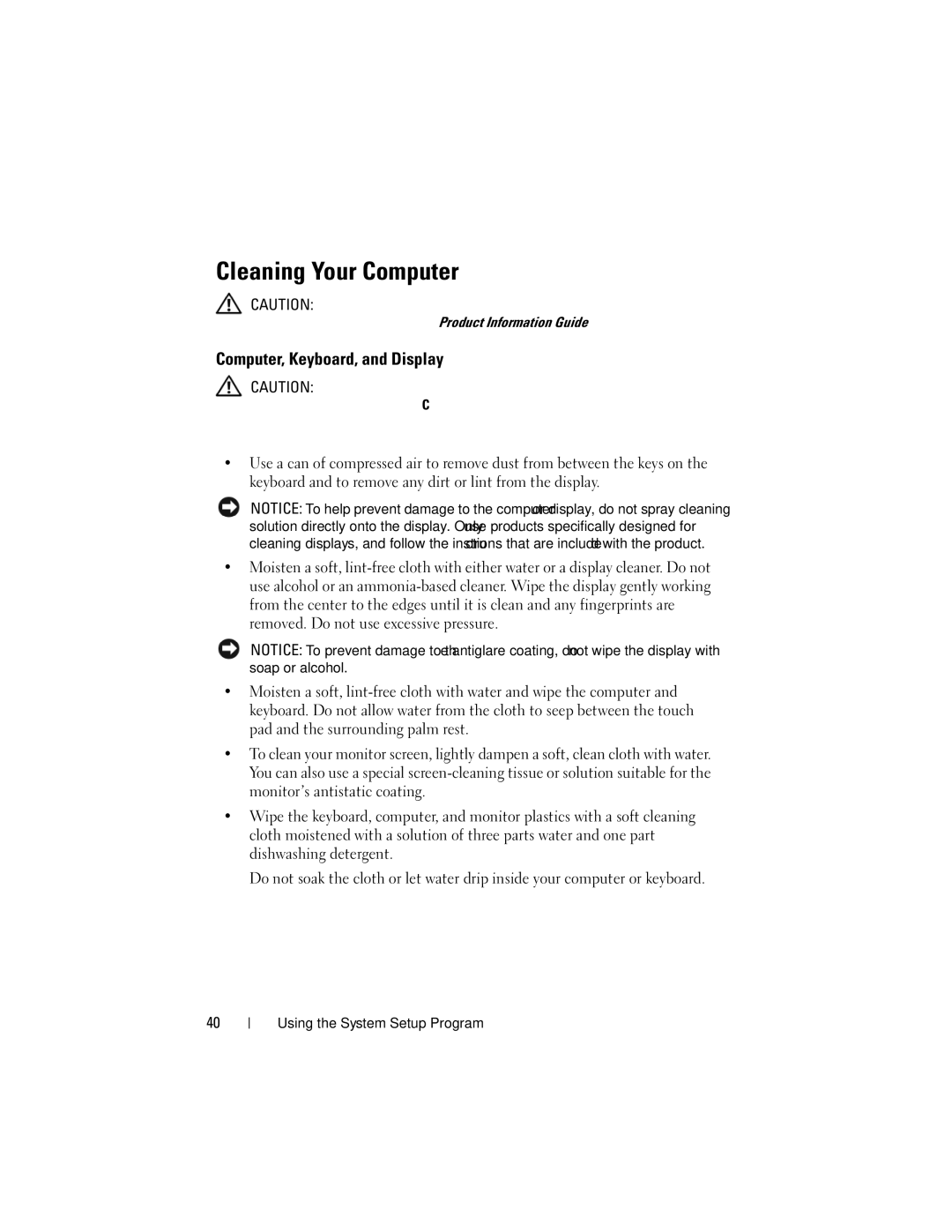 Dell RW491 owner manual Cleaning Your Computer, Computer, Keyboard, and Display 