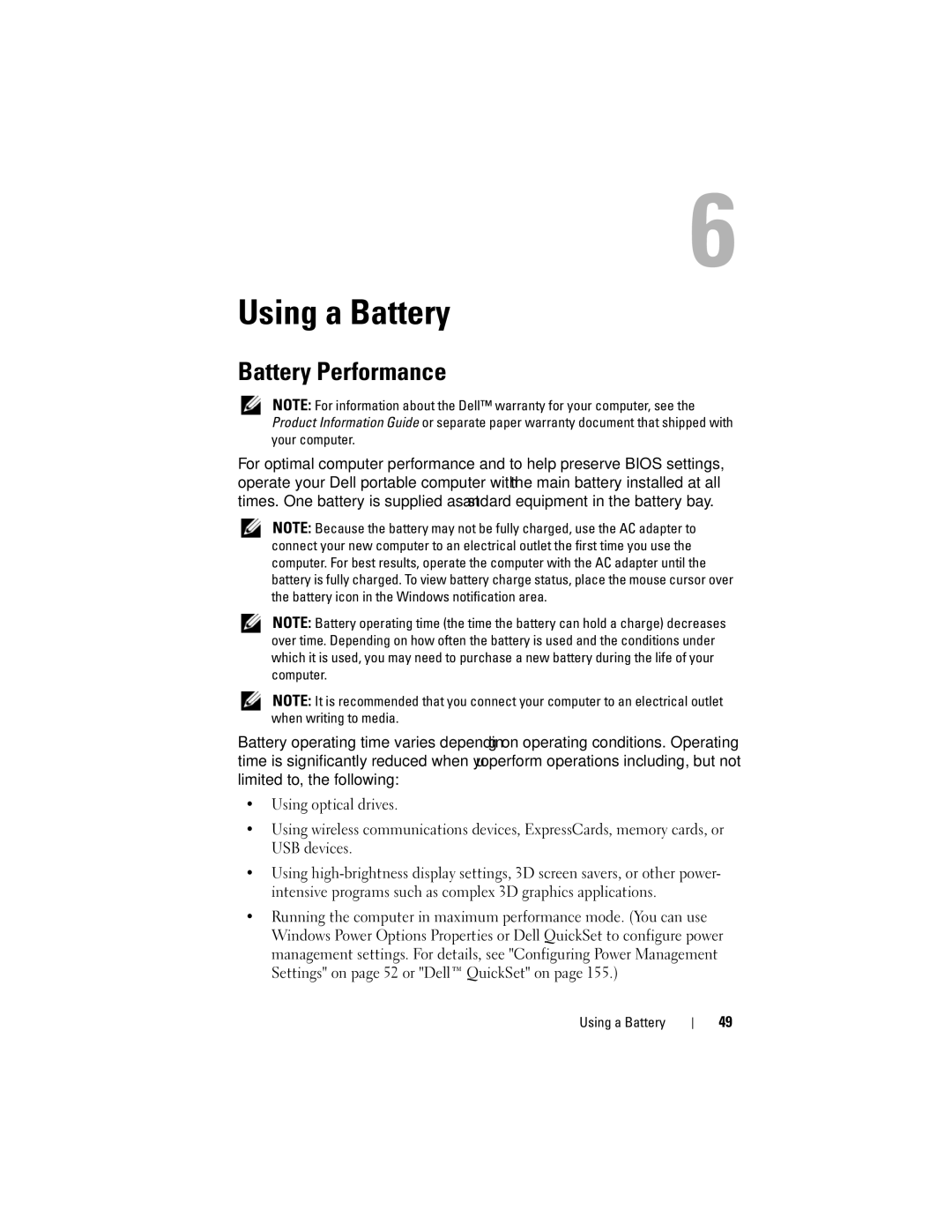 Dell RW491 owner manual Using a Battery, Battery Performance 