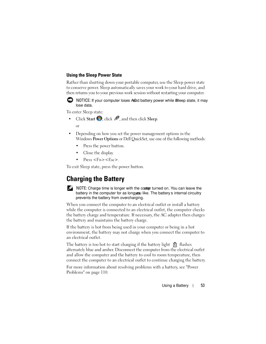 Dell RW491 owner manual Charging the Battery, Using the Sleep Power State 