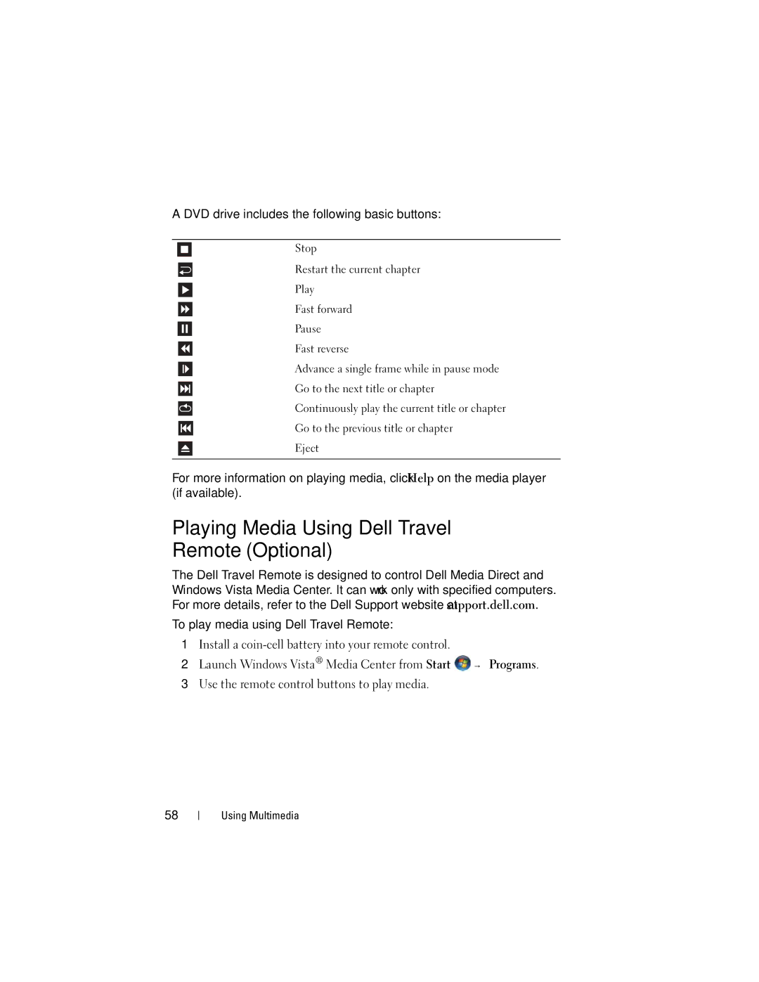 Dell RW491 owner manual Playing Media Using Dell Travel Remote Optional, DVD drive includes the following basic buttons 