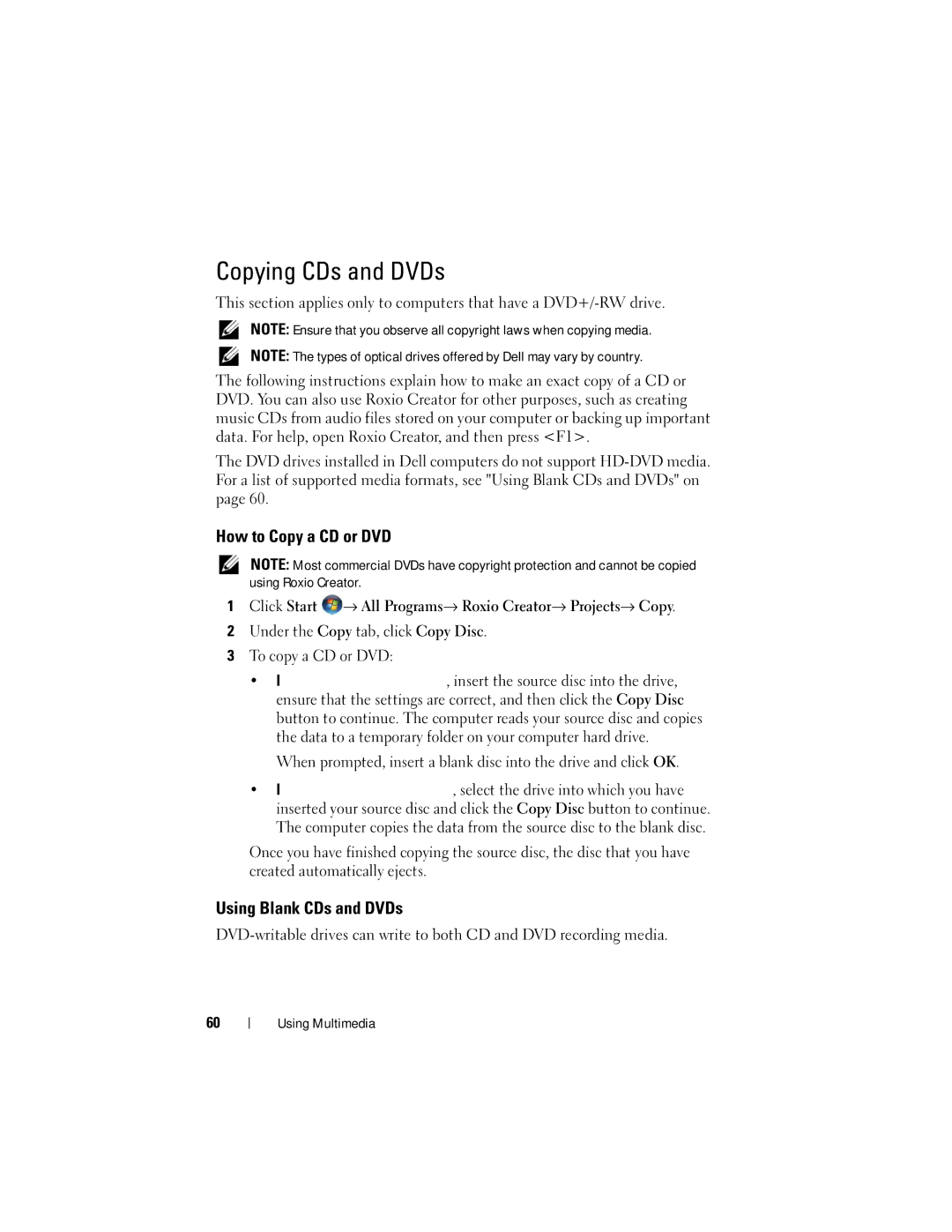 Dell RW491 owner manual Copying CDs and DVDs, How to Copy a CD or DVD, Using Blank CDs and DVDs 